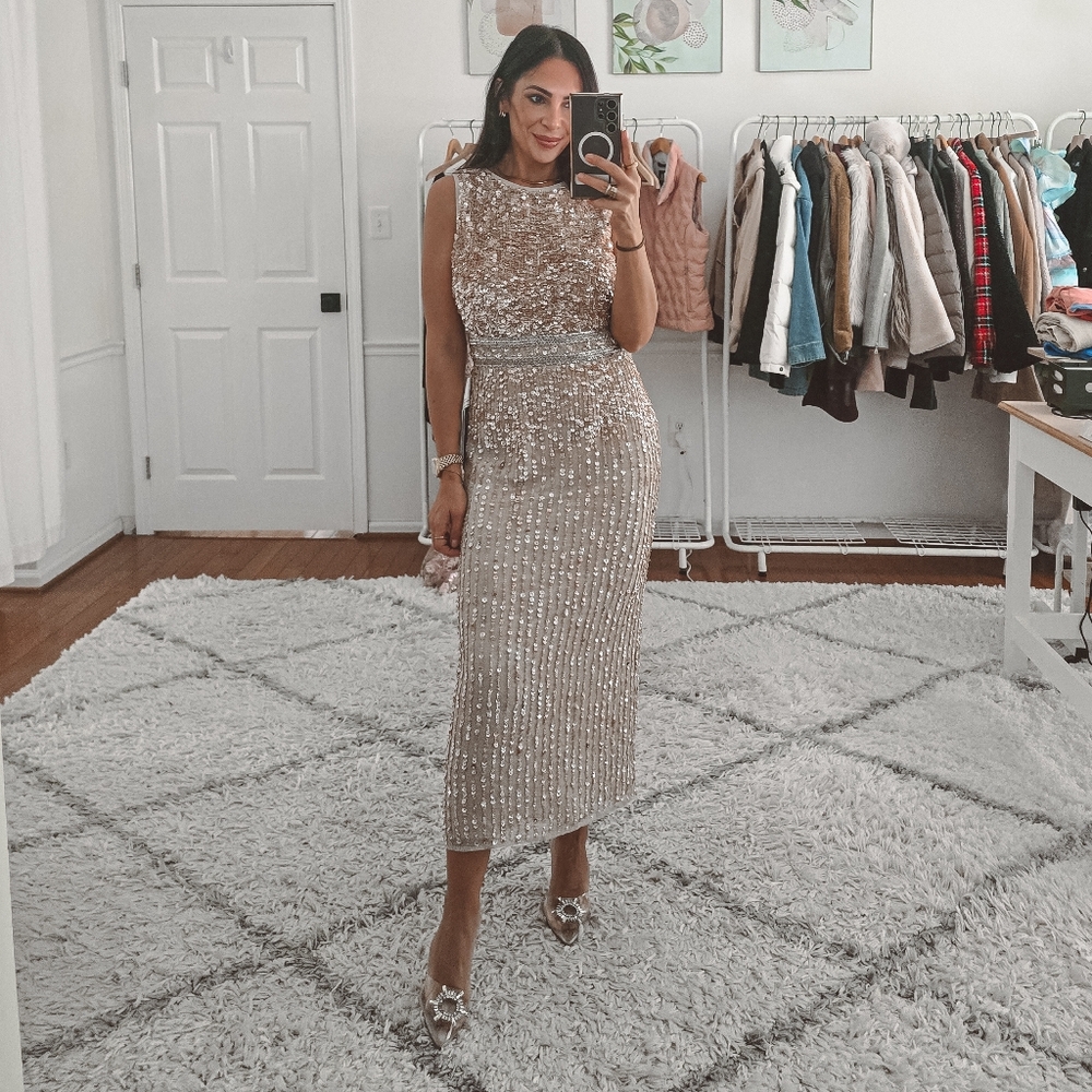 Mac Duggal Gold/pink Sequin High Neck Beaded Midi Sheath Dress New Size 4 - Picture 6 of 13